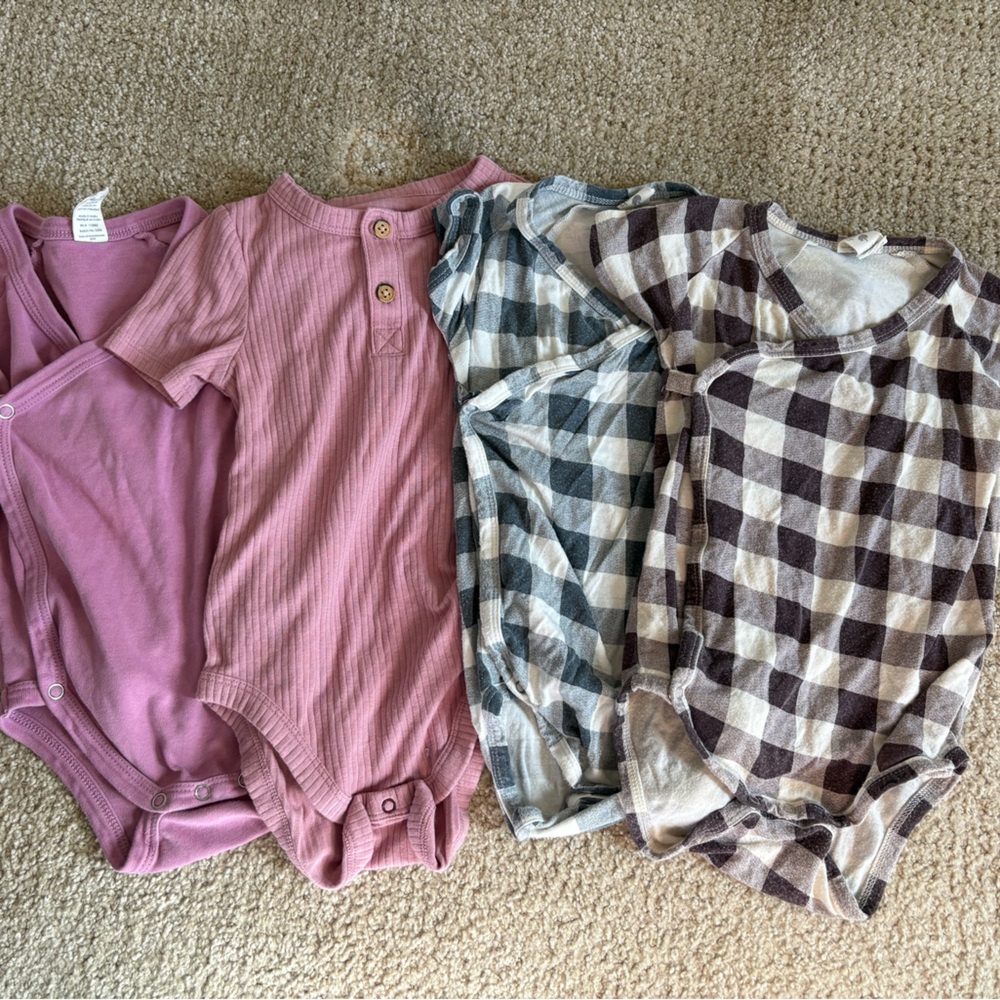 Set of Four Baby Onesies in Pink and Plaid